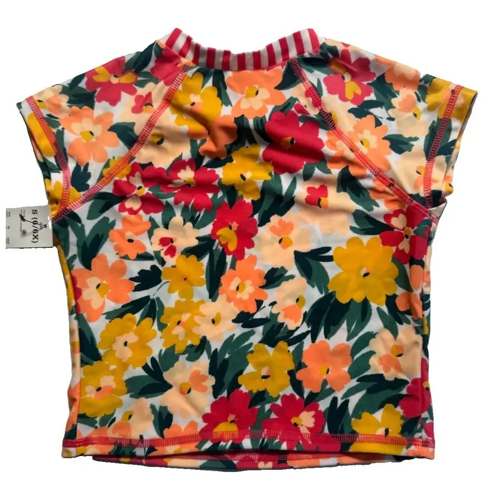 Art Class Girls Floral Rash Guard Swim Top Size S 6/6X Pink Short Sleeve NWT